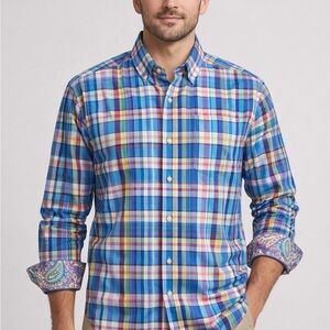 Alan Flusser Plaid Blue Long Sleeve Button Down Shirt Flip Cuff Mens (316)